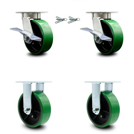Service Caster 6 Inch Kingpinless Green Poly on Steel Wheel Caster Swivel Locks 2 Rigid, 2PK SCC-KP30S620-PUR-GB-BSL-2-R-2